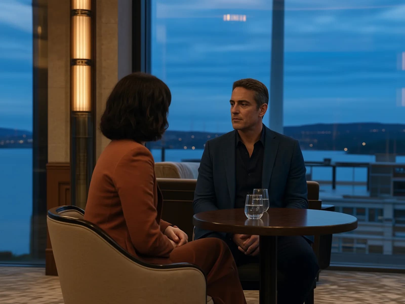 AI-generated over-the-shoulder camera angle looking past Actor A toward Actor B in the same dialogue.