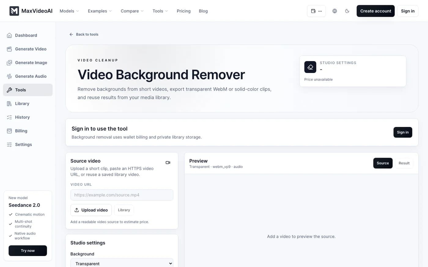 Video background remover workspace with transparent output preview.